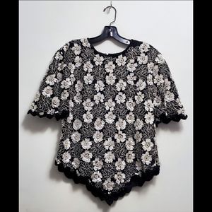 MOON FLOWER-Vintage 80s Black and White Beaded Floral Top
